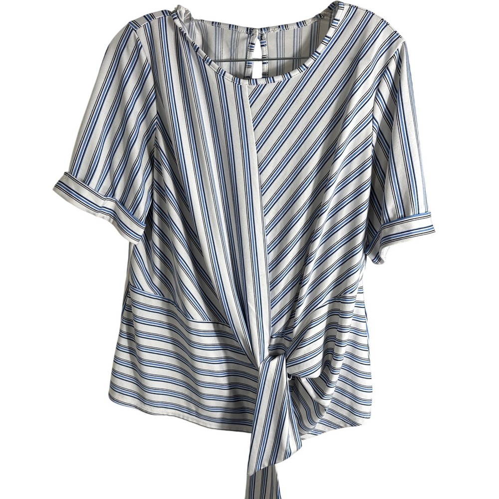 Womens Blue White Striped Front Tie Knot Short Sleeve Blouse XL TP-MS-295